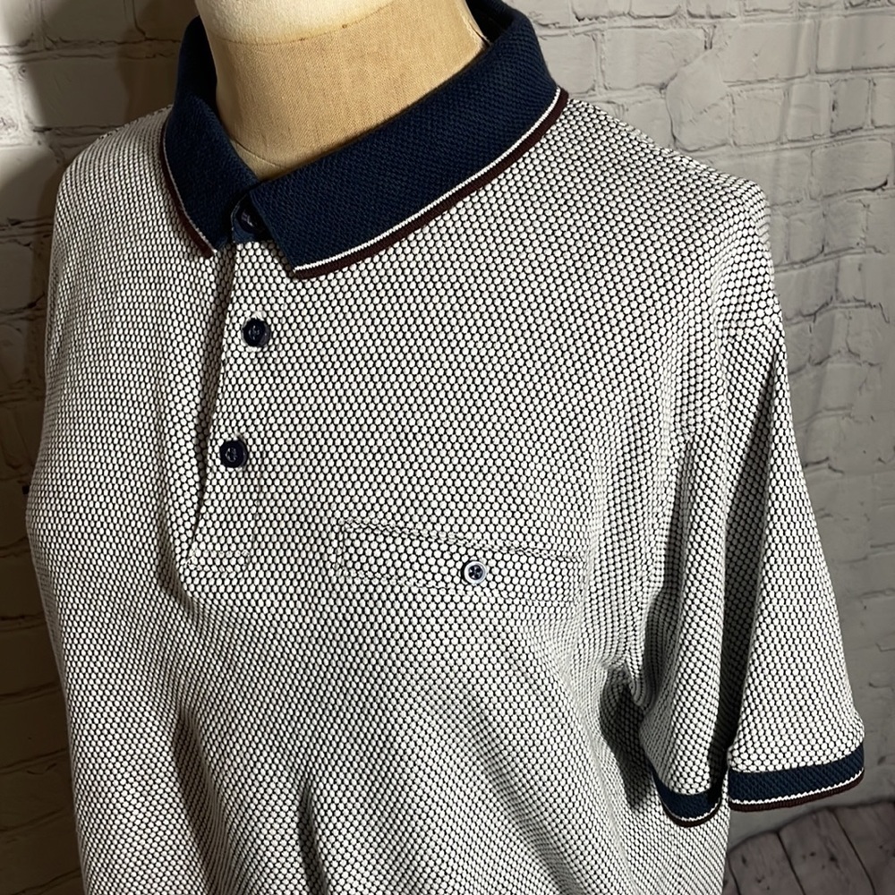 Mens Navy White Textured Preppy Short Sleeve Polo Shirt Large - Picture 3 of 5